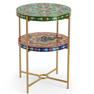 Handcrafted Round Bone Inlay Side Table with Metal Frame – Multicolor Two-Tier Accent Table <b>for</b> Living Room & Ottomans - Product Image 6