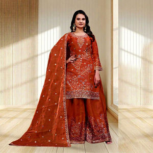 Ensemble trois pièces pour femme en soie Fendy entièrement cousu, avec kurta brodée de sequins et dupatta assorti UV137- DC - Product Image 4