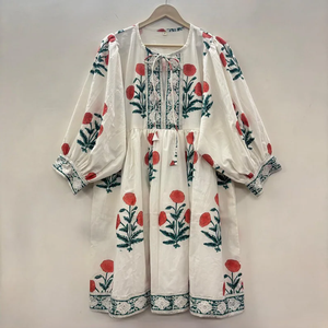 Robe formelle vintage en coton écologique, imprimée à la main, col en V, manches 3/4, ourlet à volants en dentelle, lavable, motif floral - Product Image 1