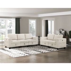 Moderna Poltrona da Soggiorno in Tessuto Corduroy Beige con Tasca Portaoggetti e Porte di Ricarica - Rivestimento in Tessuto - Product Image 6