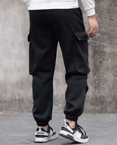 Pantalon de survêtement cargo en molleton noir pour homme, taille élastique, coupe ample, couleur unie avec poches, toutes saisons, vêtements décontractés pour l'extérieur - Product Image 2