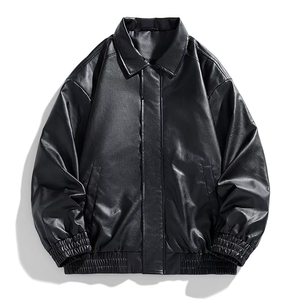 Men Oversized PU Leather Bomber Jacket <b>Drop</b> Shoulder Harajuku Streetwear Loose Fit Faux Leather Jacket OEM Custom - Product Image 3