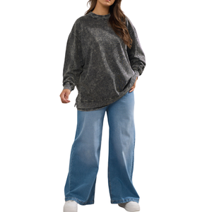 Sweat-shirt en molleton de coton à col rond surdimensionné respirant pour femmes grandes tailles, manches longues, décontracté, pull-over, couleur personnalisée, automne - Product Image 3