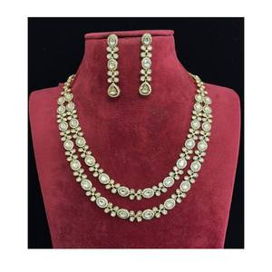 Kundan and Polki Two Layer Necklace Set with Earrings Handmade <b>Bridal</b> Jewelry Traditional Indian Ethnic Wear for Women - Product Image 1