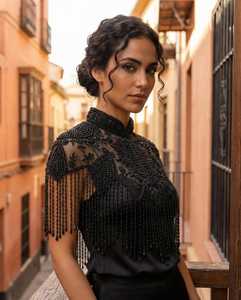 Elegant Women's Lace <b>Waist</b> Cinched Top Bead Embellished Short Sleeved Pleated Crew Neck Polyester/Cotton Summer Breathable - Product Image 3