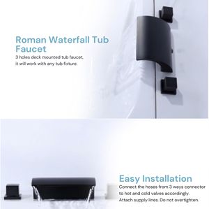 Grifo de Bañera Romano Cascada Negro Mate Premium de 3 Orificios para Montaje en Cubierta con Manijas Cuadradas - Product Image 4