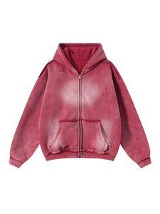 Sweat-shirt à capuche zippé oversize rouge délavé en molleton bouclette, décontracté, unisexe, avec poches, pour l'automne, sweats à capuche et pulls pour hommes - Product Image 1
