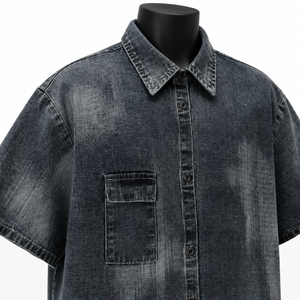 Camisa de mezclilla negra vintage para hombre, de manga corta, con botones, fabricante de ropa de marca privada OEM ODM - Product Image 6