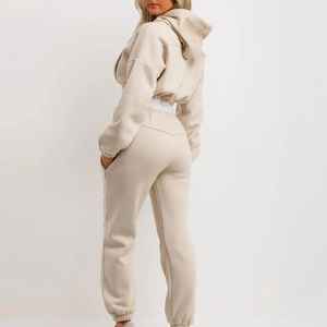 Ensemble 2 pièces décontracté pour femme, style Hip Hop, comprenant un crop top court à manches longues et un pantalon, en molleton uni, effet délavé, idéal pour l'hiver, en polyester/coton - Product Image 4