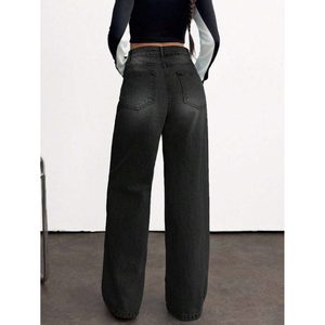 Jean droit taille haute en denim noir délavé vintage pour femme, 100 % coton écologique et respirant, style urbain tendance - Product Image 2