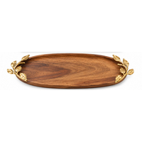 Plateau décoratif en bois artisanal avec accent floral en laiton antique, plateau de service de luxe en bois massif pour la table et la maison