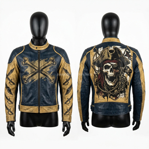 Chaqueta de Cuero Azul Vintage Personalizada con Gráfico de Calavera Pirata, Chaqueta de Motociclista de Cuero Vacuno Desgastado, Ropa de Calle para Hombre, Moda Moto - Product Image 1