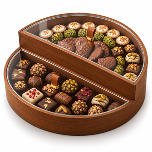 Boîte à chocolat en bois double couche avec couvercles en acrylique et poignées en cuir pour mariage et cadeaux haut de gamme, tailles et couleurs personnalisées disponibles - Product Image 1