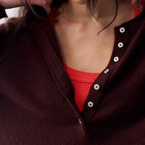 Custom Logo Women's Henley Neck Long Sleeve Knitted <b>Cardigan</b> Solid <b>Burgundy</b> Color Button Closure Casual Autumn Knitted Sweaters - Product Image 4