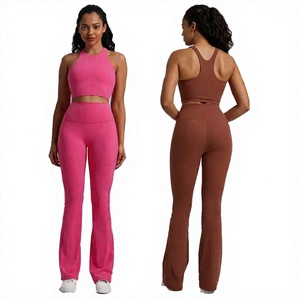 Ensemble de yoga 2 pièces pour femmes, pantalon large taille haute et crop top sans couture, couleur unie, tenue de sport et de gym - Product Image 3