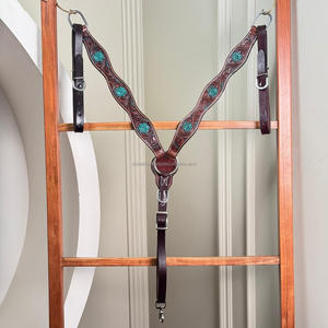 Collar de pecho occidental de cuero mecanizado a mano con acentos florales verde azulado tachuela de caballo ajustable para Rodeo Trail Ranch & Barrel Racing - Product Image 4