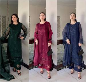 Conjunto de Traje de 3 Piezas de Organza Premium para Mujer, Sin Arrugas, de Secado Rápido, con Bordado de Lentejuelas Pesadas y Dupatta con Corte Elegante para Boda - Product Image 3