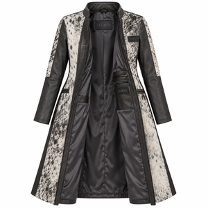 Stand Collar Speckled Cowhide Fur Leather Duster Trench <b>Coat</b> Zipper <b>Womens</b> Custom Oem Odm Manufacturer - Product Image 5