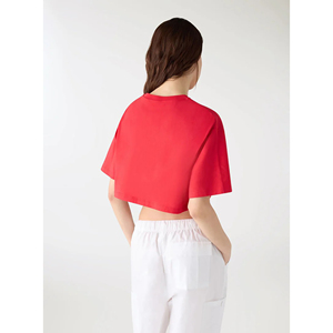 Women's <b>Red</b> <b>Cropped</b> Knitted T-Shirt O-Neck Short Sleeve Loose Fit Solid Color Casual <b>Top</b> Spring Summer Style - Product Image 4