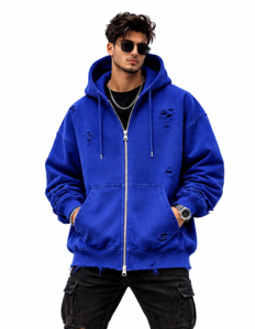 เสื้อฮู้ดดี้ซิปแบบยูนิเซ็กส์ สีน้ำเงินล้วน สไตล์วินเทจ ขาดๆ แบบดิสเทรส ทรงโอเวอร์ไซส์ ผ้าฟลีซ สตรีทแวร์ มีกระเป๋า ผลิตจากผ้าฝ้าย 100% - Product Image 1