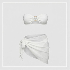<b>White</b> 2 Piece <b>Bikini</b> <b>Set</b> Bandeau Top With Ring Detail Tie Side Bottom Solid Color Stretch Knitted Women's Swimwear - Product Image 1