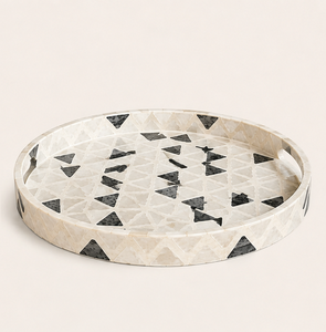 Mother of Pearl Inlay Round Serving Tray Geometric Black and White <b>Mosaic</b> Decorative Coffee Table Centerpiece Tray for Hotel - Product Image 3
