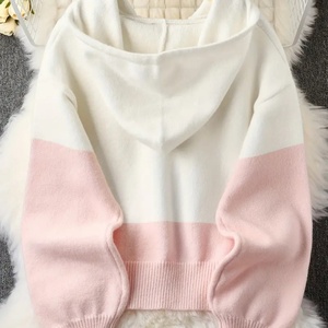 Cárdigan de punto bicolor con capucha para mujer, suéter corto con botones para otoño, top con capucha para dama, ropa al por mayor, OEM personalizado - Product Image 4