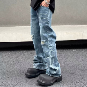 Jeans de mezclilla de pierna ancha para hombre, de cintura alta, estilo streetwear, con bolsillos 3D, de algodón, corte holgado, lavado desgastado, tendencia top 2026, para otoño - Product Image 2
