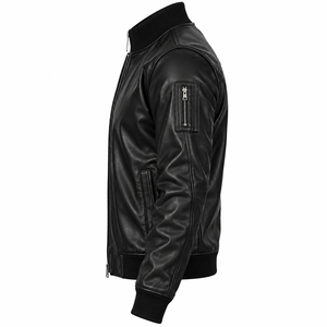 <b>Men's</b> Black Genuine Cow Skin Leather Bomber <b>Jacket</b> Stand Collar Zipper Closure Moto <b>Biker</b> Style Winter Wear - Product Image 4