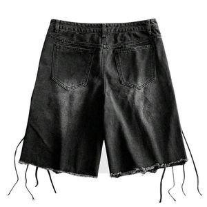 Custom Mens Distressed Ripped Sweat Shorts Black Washed Cotton Drawstrings <b>Elastic</b> <b>Waisted</b> Baggy Y2K Streetwear Loose Fit Shorts - Product Image 2