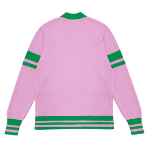 Women's Pink Green Striped V-Neck Cardigan Full Sleeve Preppy Style Knitted Open Front With Pockets Autumn Winter Wear - Product Image 5