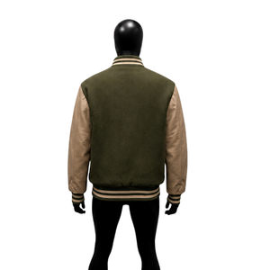 Chaqueta Varsity Premium de Lana de Oliva con Mangas de Cuero Beige, Chaqueta Bomber de Béisbol Personalizada con Letras para Hombre y Mujer, Venta al Por Mayor - Product Image 2