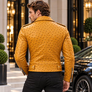 <b>Men</b>’s Ostrich Embossed Genuine Leather <b>Biker</b> <b>Jacket</b> Motorcycle <b>Jacket</b> Custom OEM Wholesale Genuine Leather Fashion <b>Jacket</b> - Product Image 2