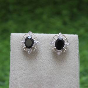 Oval Black Onyx Stud <b>Earrings</b> 925 Sterling Silver <b>Handmade</b> CZ Halo Elegant Jewelry Gift For Women Fashion <b>Earrings</b> - Product Image 6