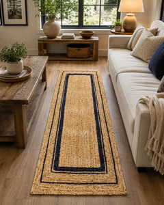 Natural Tan Handwoven Jute <b>Runner</b> <b>Rug</b> Blue Border Boho Farmhouse Hallway Entryway Custom Size Neutral Floor <b>Runner</b> Carpet - Product Image 2