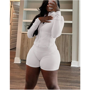 Custom <b>Women</b> Yoga Set Gym Tracksuit Long Sleeve Full Zip Up Jacket with High Waist Biker <b>Shorts</b> Fitness Activewear 2 Piece - Product Image 3