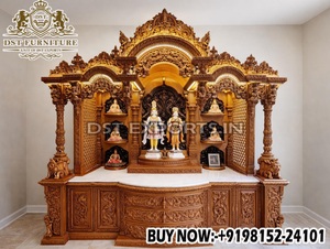 Temple de prière en bois massif Sri Ram Darbar pour la maison, grand modèle, finition noyer foncé, unité de prière ornée avec base et piliers sculptés en forme d'éléphant. - Product Image 4
