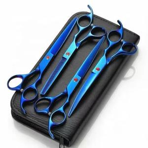 Ensemble de ciseaux professionnels pour salon de coiffure, bleu, en acier inoxydable, ciseaux à effiler pour droitiers, manche long, lame tranchante, matériau 440C - Product Image 1