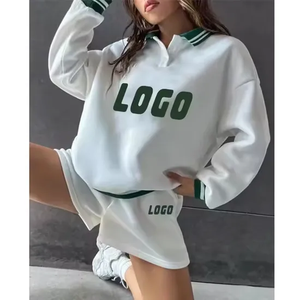 Women's White Green Stripe 2-Piece Shorts Set Fleece Sporty Loose Fit Full Sleeve Turn-<b>Down</b> Collar Digital Printed Spring Summer - Product Image 1