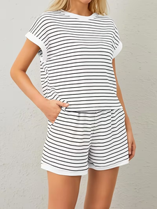 Women's Casual Fashion Loungewear Two-Piece Set Striped Color Block 100% Cotton Jersey Eco-Friendly Soft T-Shirt Matching - Product Image 5