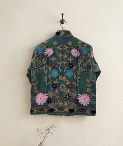 Premium Gray <b>Velvet</b> Suzani Embroidered <b>Jacket</b> with Floral Print Full Sleeve Stand Collar Bohemian <b>Women's</b> Winter Outerwear - Product Image 5