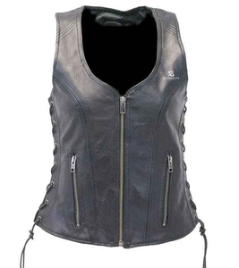 <b>Women</b> Leather Vintage Biker Vest Slim Fit Motorcycle Sleeveless <b>Waistcoat</b> V Neck Outerwear Casual Windproof Fashion Pockets - Product Image 1