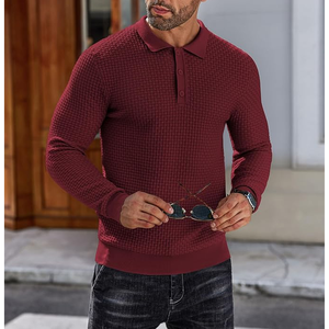 <b>Men's</b> Knitted <b>Long</b> Sleeve Polo Sweater Solid Color Autumn Casual Pullover Full Sleeve Button Closure Maroon - Product Image 1
