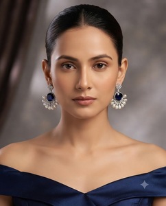 Cushion Cut Gemstone American <b>Diamond</b> <b>Earrings</b> Silver & Rhodium Plated Faux <b>Pearl</b> Fringe <b>Earrings</b> Party Wear <b>Earrings</b> Wholesaler - Product Image 2