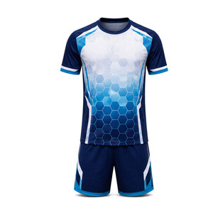 ชุดเสื้อฟุตบอลสีน้ำเงินสำหรับผู้ชาย แบบซับลิเมชั่น พร้อมกางเกงขาสั้น ผ้าโพลีเอสเตอร์ระบายอากาศ ชุดฟุตบอลสำหรับผู้ใหญ่ ตรวจจับรอยตะเข็บ - Product Image 1