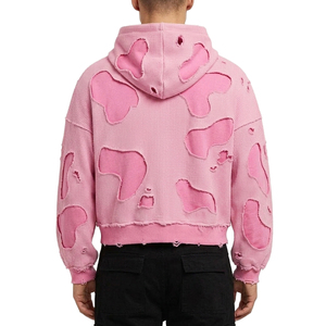 Men High Street Distressed Cropped Hoodie Pink Double Layer Waffle Knit <b>Zip</b> <b>Up</b> Cow Print Patchwork Frayed Custom Streetwear - Product Image 2