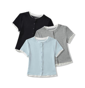Women's Double-<b>Layered</b> Ribbed Button Cardigan 2026 Pastel Baby Blue Slim Fit Short Sleeve Casual Preppy Summer Knit <b>Top</b> HD - Product Image 5