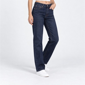 Jeans de mezclilla de cintura alta y pierna recta para mujer, índigo oscuro, con túnel frontal ancho para cinturón, al por mayor - Product Image 2