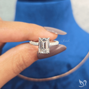 3CT Emerald Cut Lab Grown Diamond Ring Three Row Pave Band Bold <b>Step</b> Cut Center Luxury Design 10K White Gold Bridal Ring - Product Image 5