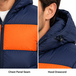 Chaqueta Acolchada con Capucha para Hombre, Diseño Color Block Azul Marino y Naranja, Relleno de Plumón, Abrigo de Invierno, Resistente al Agua, Logotipo Personalizado, OEM, Venta al Por Mayor - Product Image 5